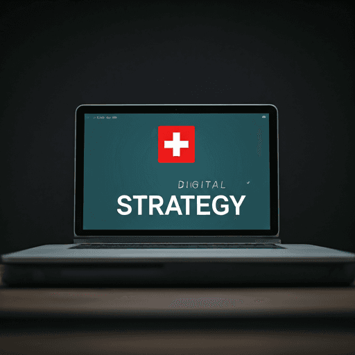 Illustration d'un ordinateur portable affichant "Digital Strategy" avec le drapeau suisse symbolisant l'hébergement local